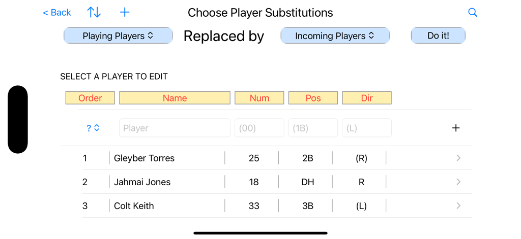 ScoreKeep - Baseball Scoring - Baseball player substitution interface for the ScoreKeep app