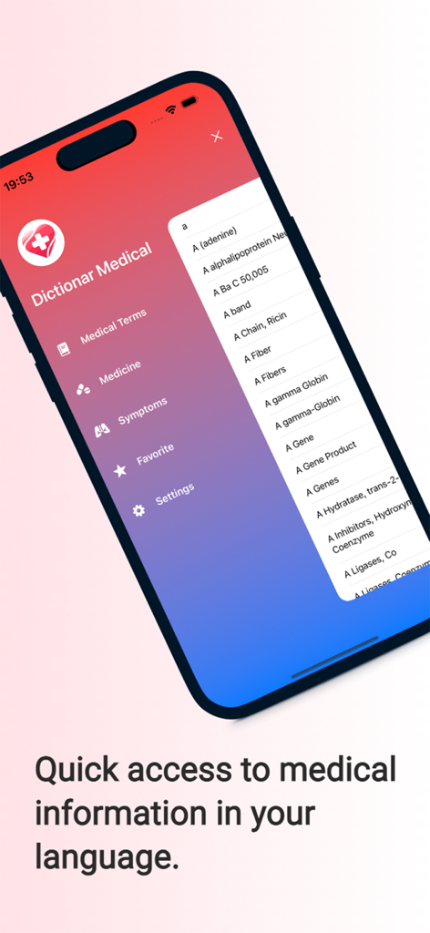 Smartphone screen showing a list of medical terms in the Dictionary Medical app with a sidebar menu