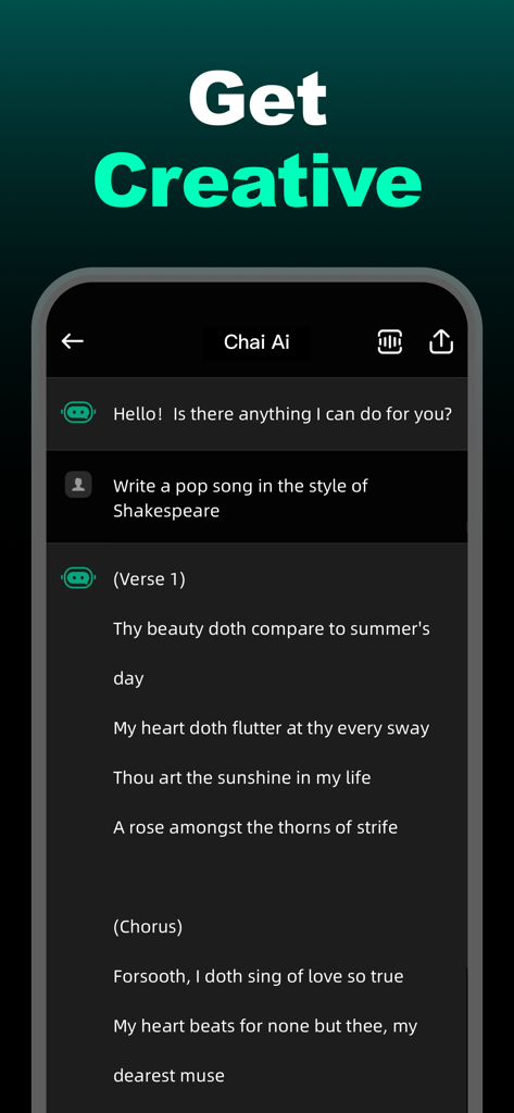 AiMaster -Ask Ai Anything - Chai AI smartphone app interface showing the generation of creative song lyrics in a Shakespearean style