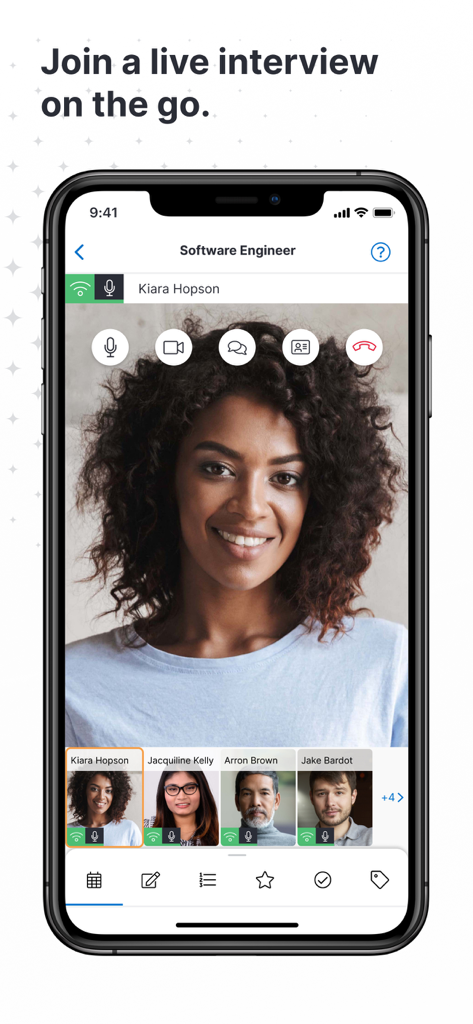 HireVue for Recruiting - HireVue app interface showing a live video interview with a candidate on a smartphone.