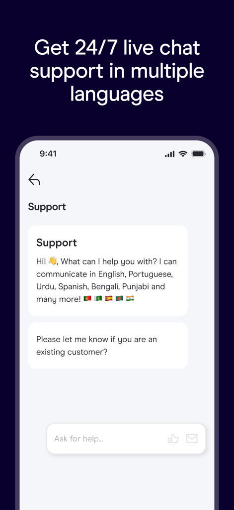 Zego Sense - Zego Sense mobile app support screen showing 24/7 live chat availability in multiple languages for gig economy drivers.