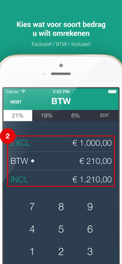 BTW berekenen app - BTW - Dutch BTW calculator app screen showing inclusive and exclusive VAT amounts