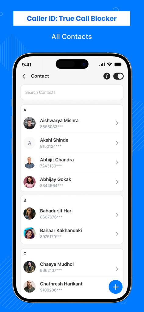 Caller ID: True Call Blocker - La pantalla de Todos los Contactos de la aplicación Caller ID que muestra una lista de contactos profesionales organizados alfabéticamente.