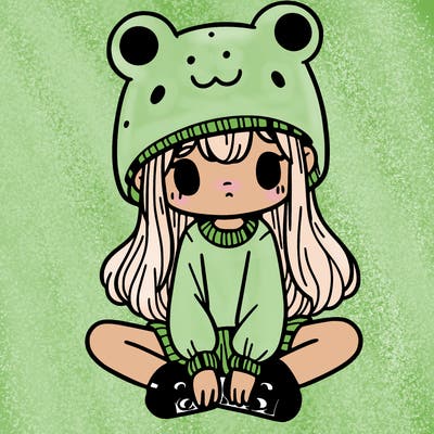 a girl wearing a frog hat and some frog socks