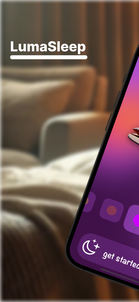 SleepLight: Breath Sleep Aid - SleepLight app welcome screen on a smartphone displaying LumaSleep branding and a get started button