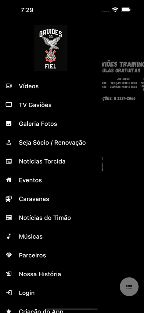 Gaviões da Fiel 공식 앱 메인 메뉴, 회원 가입, 뉴스, 동영상 링크 포함