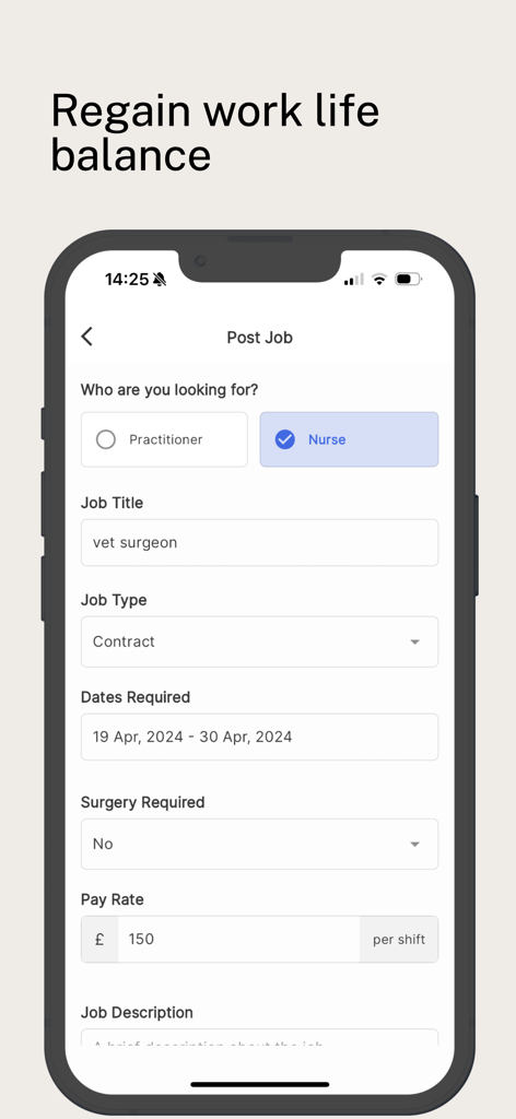 VetWork Pro - Captura de tela do aplicativo VetWork Pro mostrando um formulário de postagem de emprego para praticantes e enfermeiros veterinários