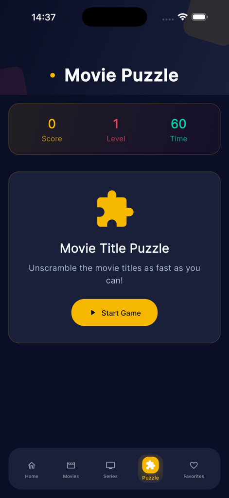 시작 버튼과 레벨 상태를 보여주는 터키 드라마 앱의 영화 제목 퍼즐 게임 인터페이스
