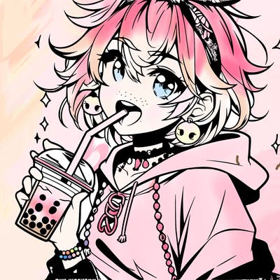 hot baddie anime girl drinking boba and biting the straw
