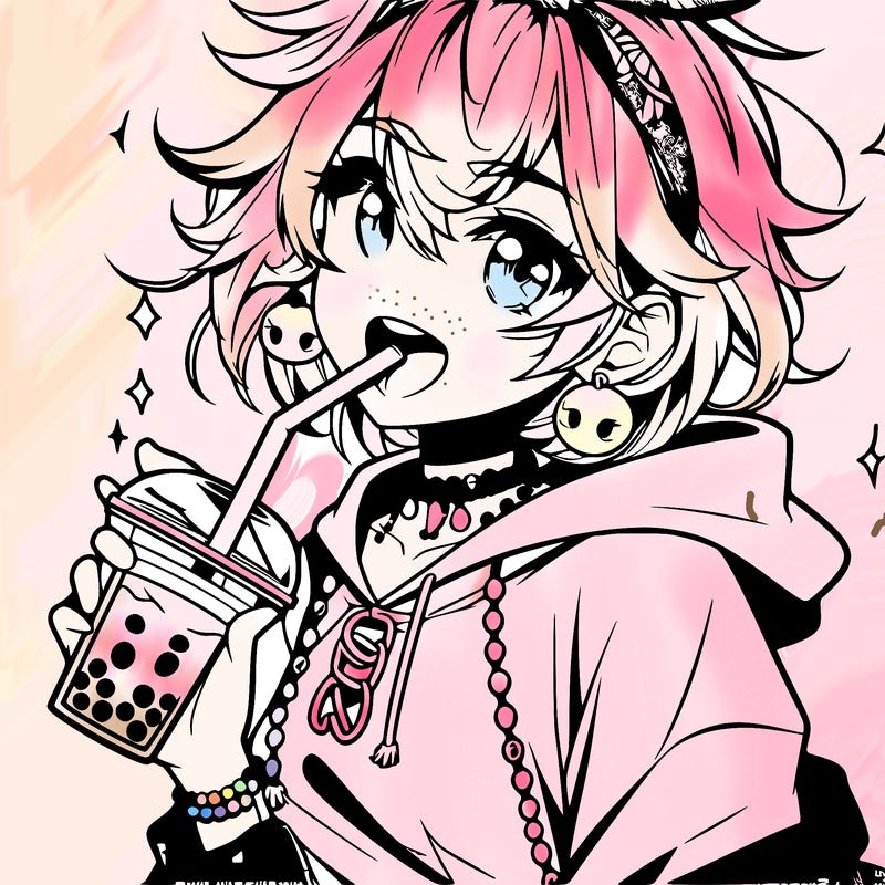 hot baddie anime girl drinking boba and biting the straw