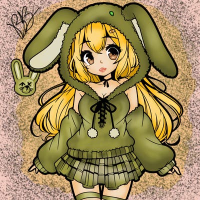 pretty anime girl wearing a fluffy hoodie with bunny ears on the hood and a skirt