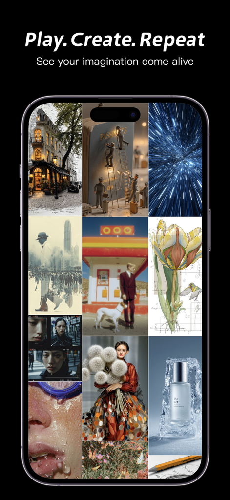 Image To Videos AI - Un teléfono inteligente que muestra un collage diverso de imágenes artísticas generadas por IA de alta calidad y fotogramas de video cinematográficos.