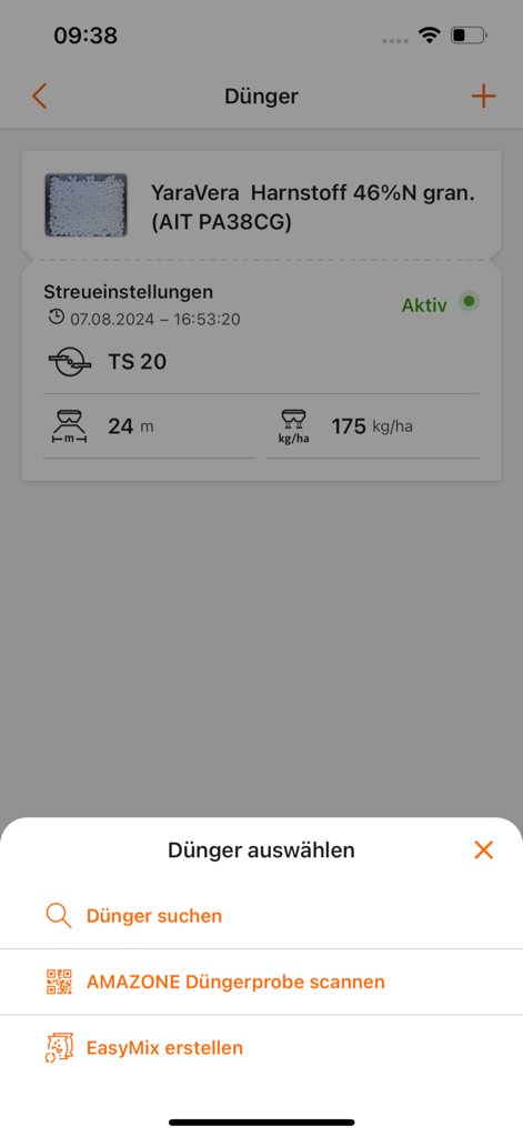 mySpreader - Interface of the mySpreader app showing spreader settings and a menu for selecting fertilizers