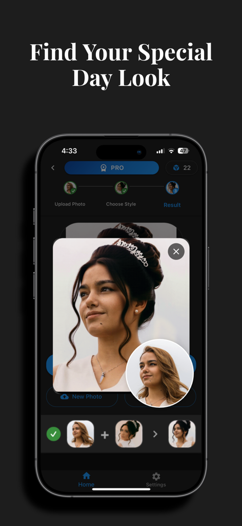 HairLook - Hairstyle Try On - Experimentação de penteado com IA para um look de noiva em uma tela de celular