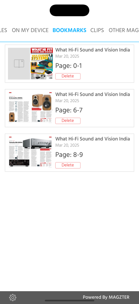 What Hi-Fi Sound and Vision - La sección de marcadores de la aplicación What Hi-Fi que muestra páginas de revista guardadas con reseñas de equipos de audio.