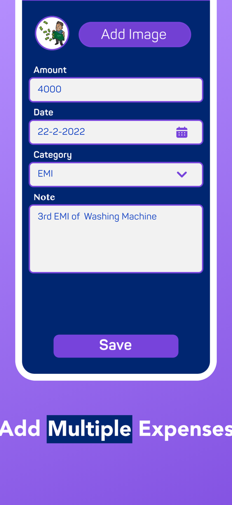 Expense Tracker:Budget Planner - Interface for adding a new expense with fields for amount date category and notes