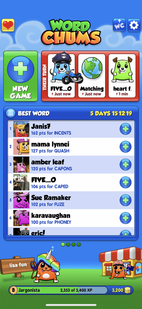 Word Chums! - Word Chums app interface showing the best word leaderboard and personalized character avatars.