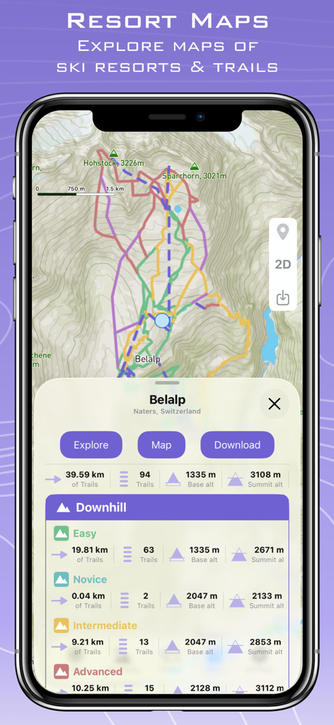 Ski Tracks Lite & GPS Maps - Smartphone screen showing a ski resort map with trail statistics and difficulty levels