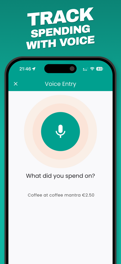 Interfaccia mobile dell'app Spentrip che mostra la funzione di immissione vocale per il tracciamento delle spese di viaggio