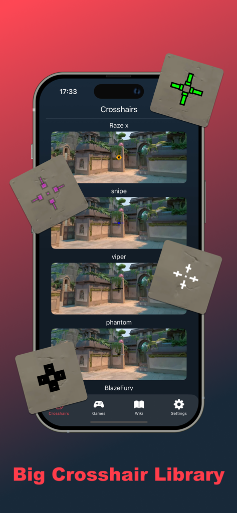 Valo AIM - Custom Crosshair X - Mobile app interface showing a diverse library of customizable FPS crosshairs for games like Valorant