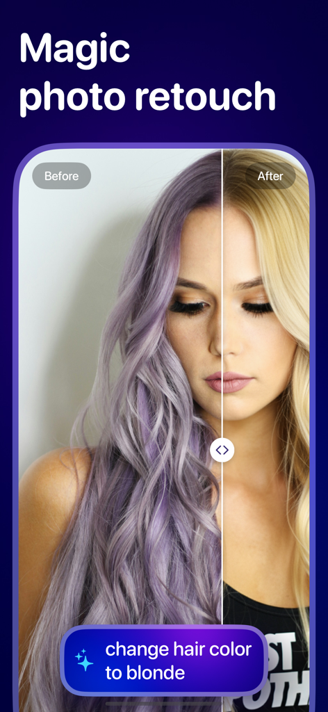 Upscale & Enhance - Pixelfix - A before and after comparison of an AI hair color change from purple to blonde using text prompts in the Pixelfix app.