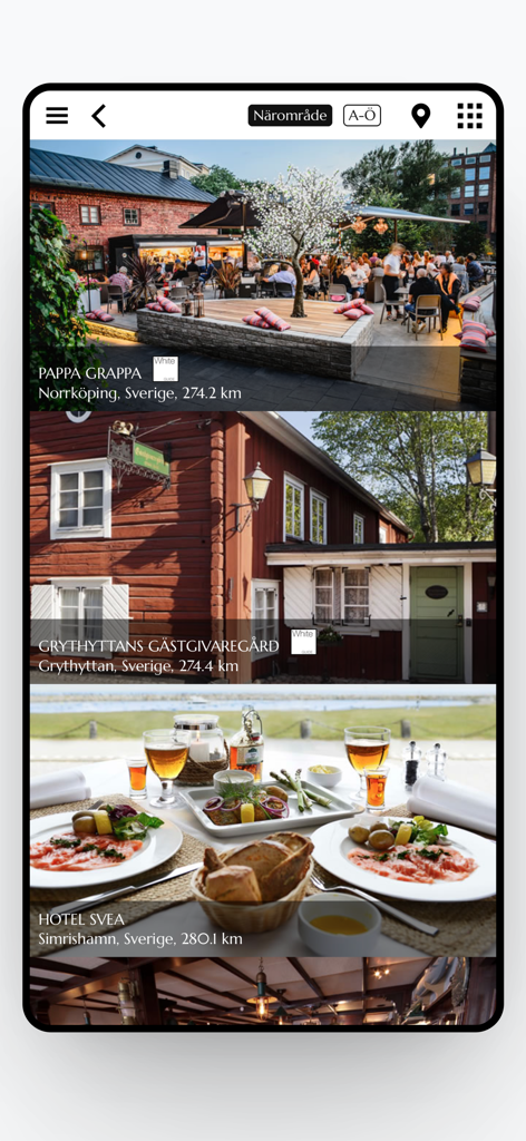 RestaurangGuiden's Gift Card - RestaurangGuiden app interface showing a curated list of high-end restaurants and hotels in Sweden with distance and White Guide ratings.
