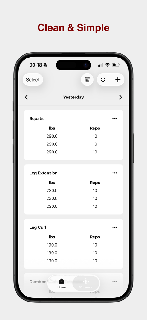 iPhone screen showing a minimalist gym workout log with squats and leg extension exercises