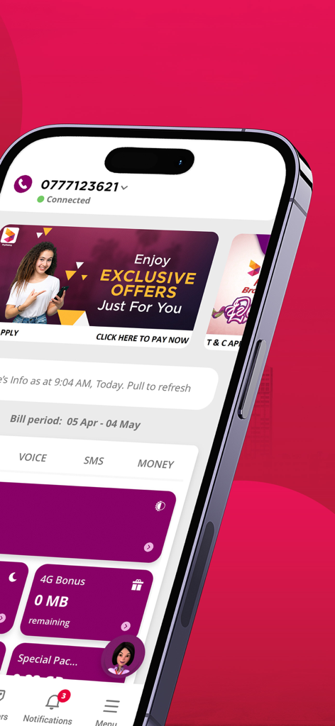 Interface utilisateur de l'application MyDialog sur un smartphone affichant la consommation de données mobiles et les offres du compte.