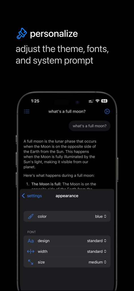 fullmoon: local intelligence - Fullmoon app screenshot showing theme and font personalization settings in the chat interface.