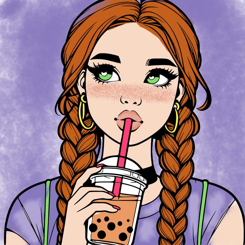 realistic girl with braided hair drinking boba