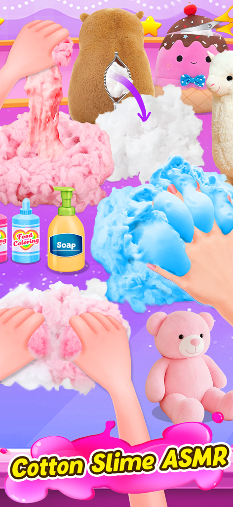 Hands squishing colorful pink and blue fluffy cotton slime in a virtual anti-stress game with plush toys and craft bottles