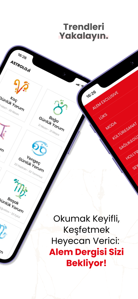 Alem Dergisi - Two mobile phones displaying the Alem Dergisi app interface featuring astrology charts and a luxury lifestyle category menu.