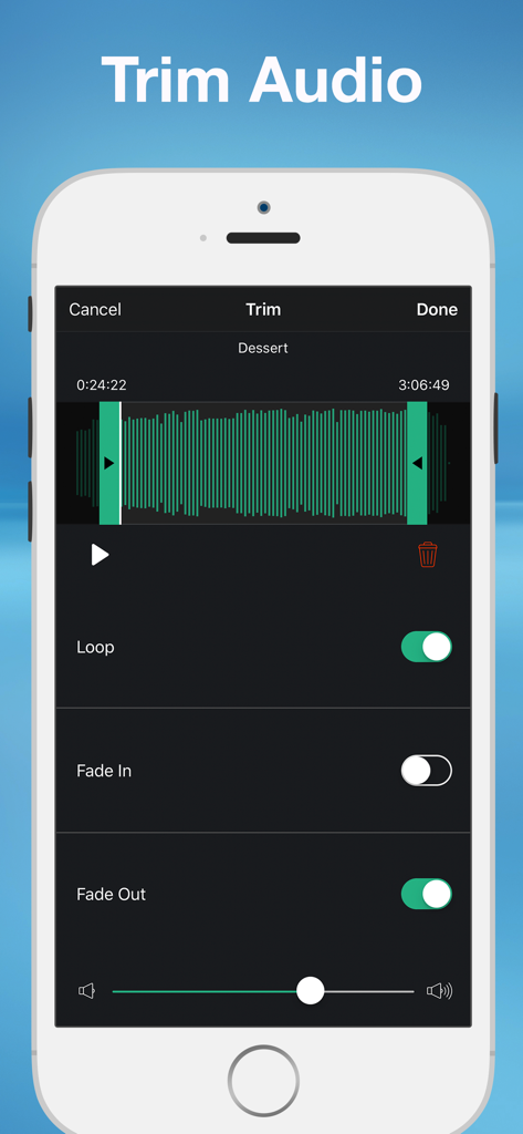Add Music to Video, Maker - Screenshot of the Trim Audio interface in the Add Music to Video Maker app showing a waveform editor with loop and fade controls.