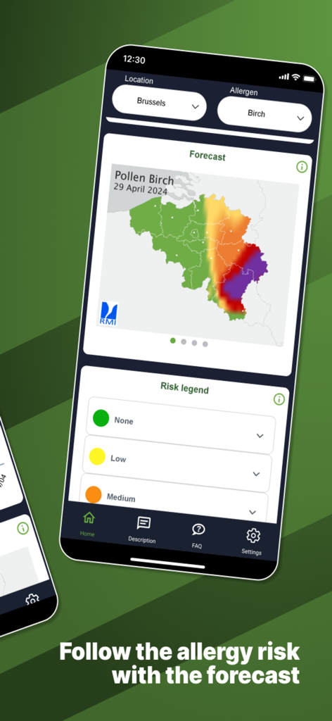 AirAllergy - AirAllergy app displaying a birch pollen risk forecast map for Belgium