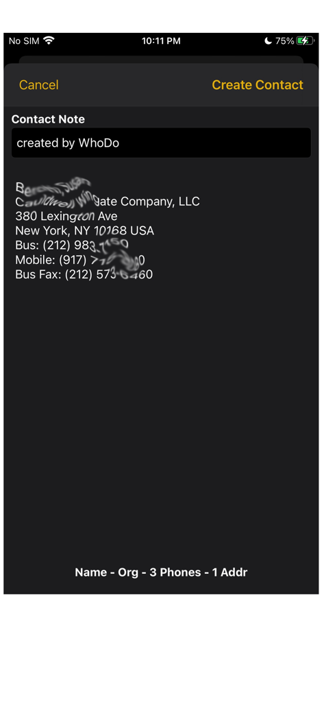 WhoDo - WhoDo app screenshot showing extracted contact details including address and phone numbers from a text source