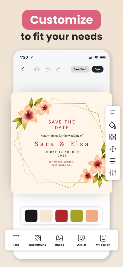 Invitation Maker - Greetings - Smartphone-Bildschirm, der die Anpassung einer floralen Hochzeitseinladung zeigt