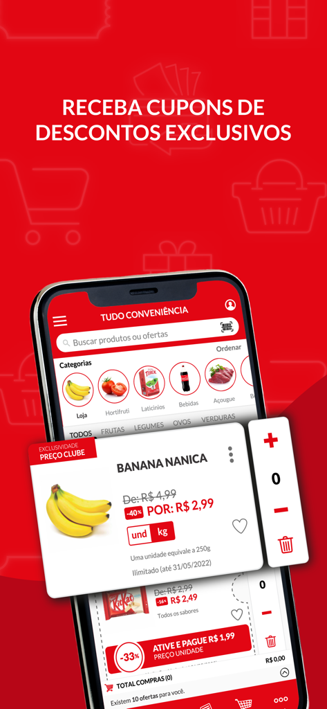 Tudo Conveniência - Interface do aplicativo móvel Tudo Conveniencia mostrando ícones de categorias de supermercado e cupons de desconto exclusivos para bananas e lanches