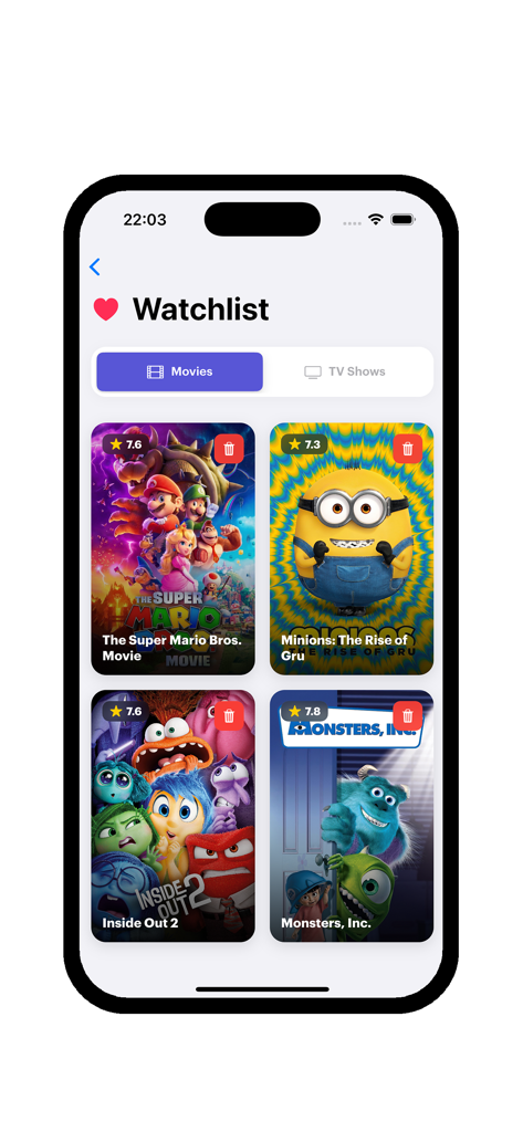 Cintraily - Movies & Shows - Capture d'écran d'iPhone de la page de liste de surveillance de l'application Cintraily montrant des affiches de films comme Super Mario et Vice-Versa 2 avec leurs notes.