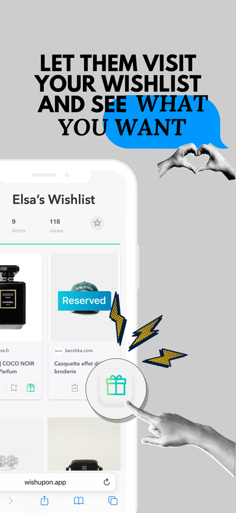 WISHUPON - Shopping Wishlist - A smartphone interface showing a shared wishlist where friends can see desired items and reserve gifts