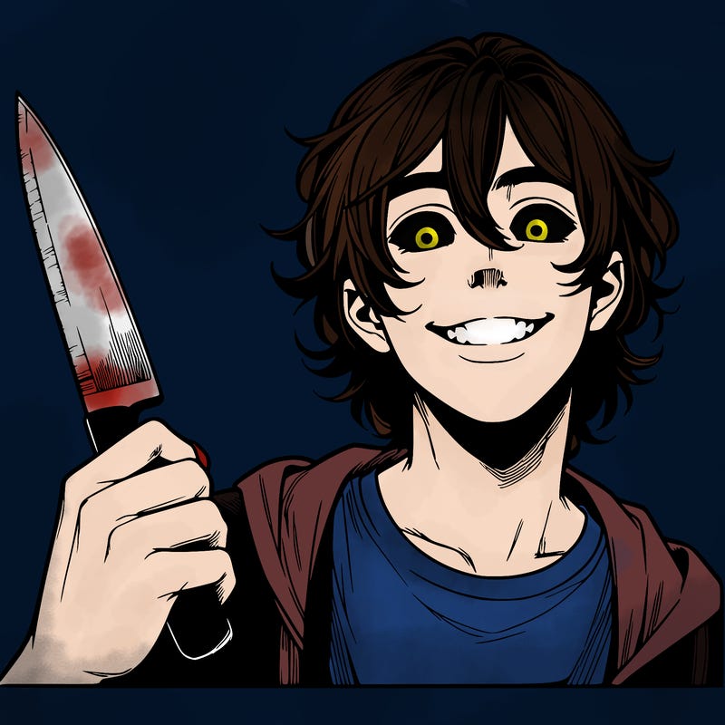 teenage realistic guy with long ish hair holding a knife and has a big grin