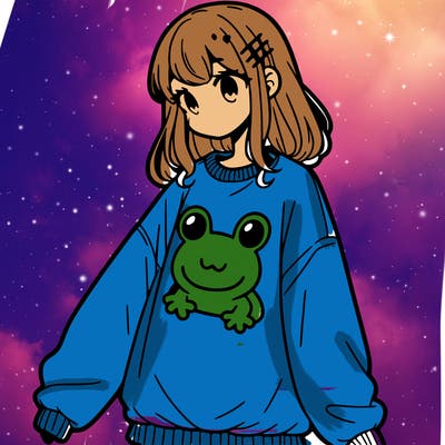 girl wearing frogging sweatshirt