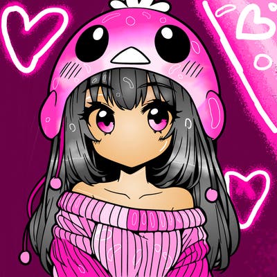 anime girl with chick shaped hat with sweater with bare shoulders with bangs covering them one eye with low tail