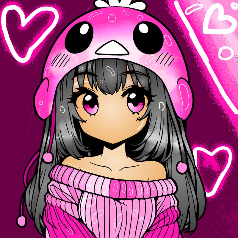 anime girl with chick shaped hat with sweater with bare shoulders with bangs covering them one eye with low tail