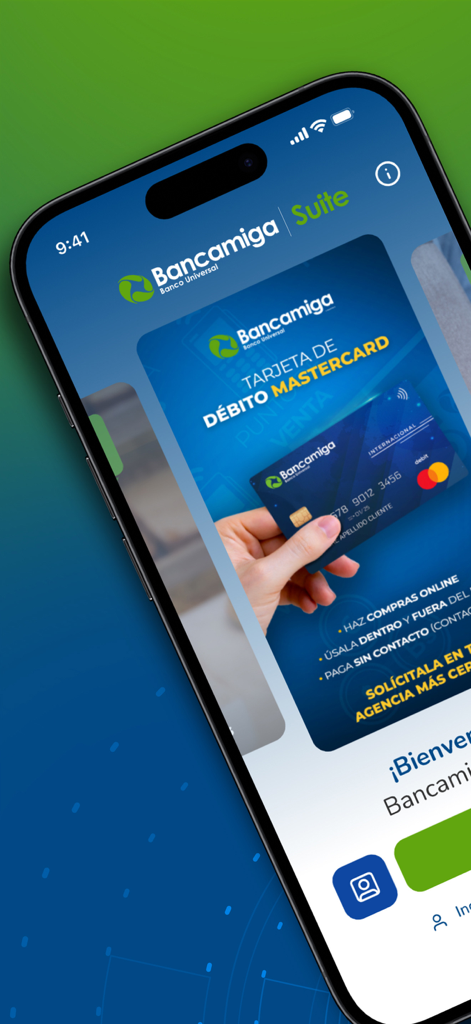 Bancamiga Suite - Bancamiga Suite mobile app interface displaying information about the Mastercard debit card for online and international payments