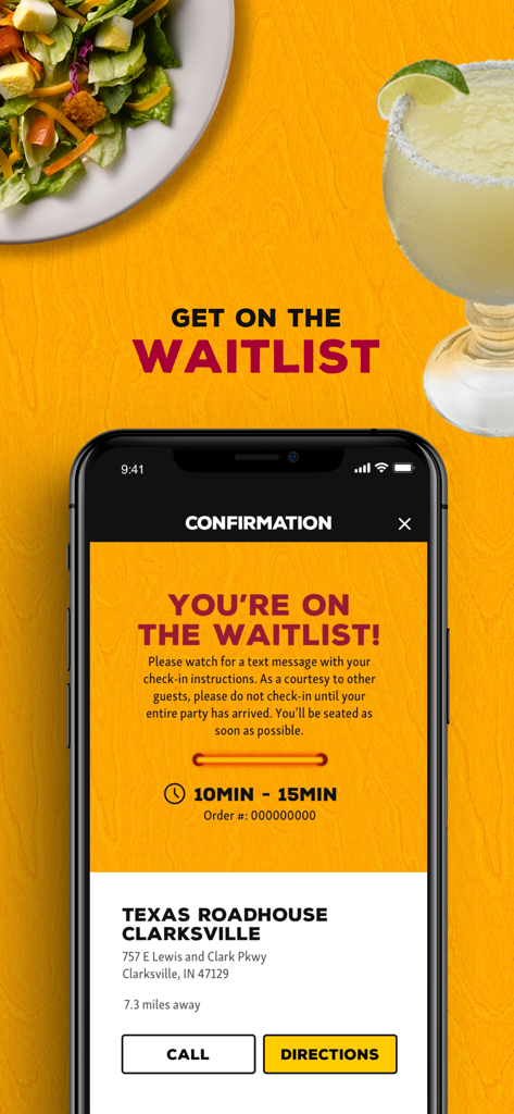 Texas Roadhouse mobile app waitlist confirmation screen showing estimated wait time