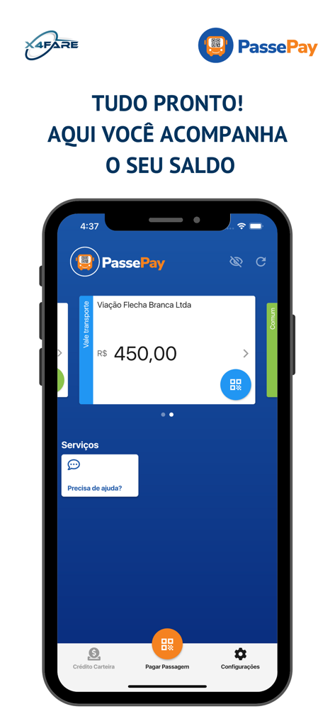 PassePay - Interfaz de la aplicación móvil PassePay mostrando una tarjeta de tránsito digital con un saldo de 450 Reales para Viacao Flecha Branca.