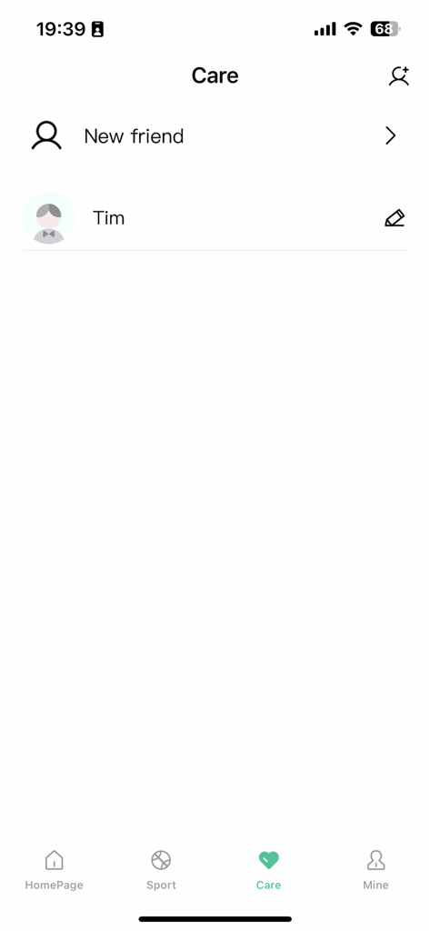 SmartHealth app Care screen showing a list of friends including a contact named Tim and an option to add new friends.