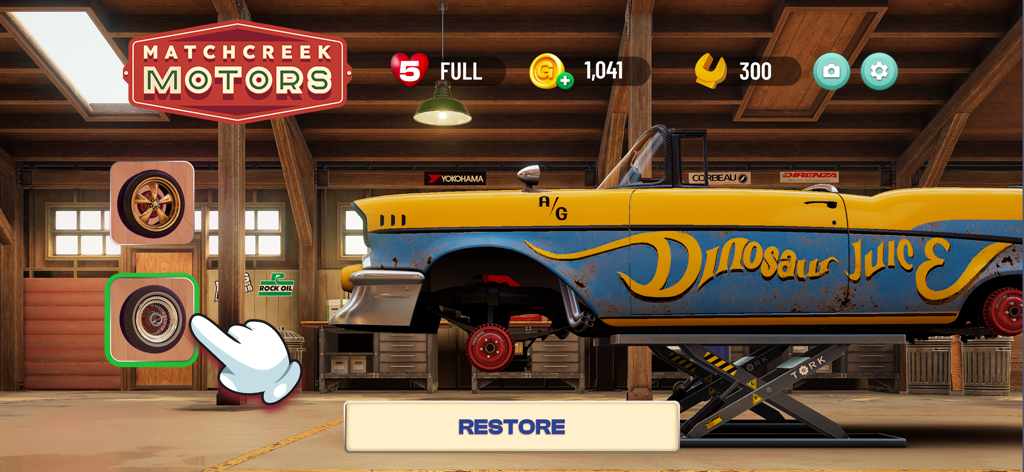 Matchcreek Motors: Custom Cars - Classic car restoration in a garage with wheel customization options in Matchcreek Motors.