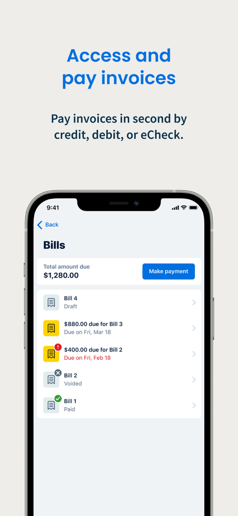 Clio for Clients - Interface showing a list of legal bills and the option to make a payment in the Clio for Clients app.