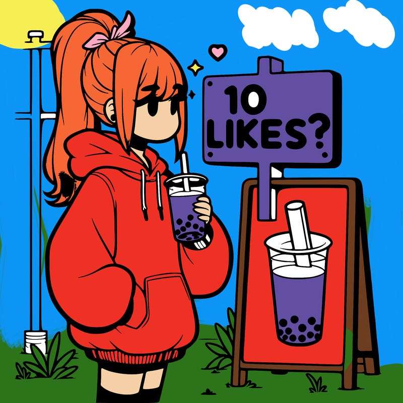 girl with oversized hoodie drinking boba and she has a high ponytail with a sign that says 10likes?